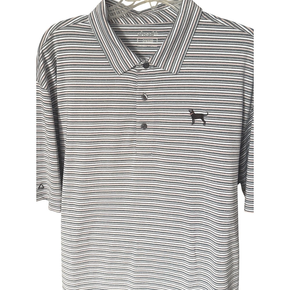 Men's Ahead Performance Men's Large XL Dog Golf Grey White Striped‎ Polo Shirt
